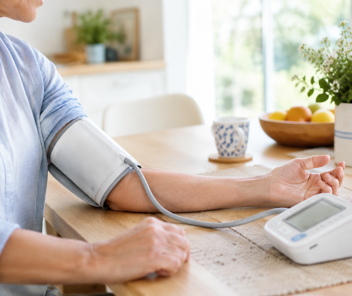 A person measuring blood pressure with an upper-arm cuff at a bright kitchen table